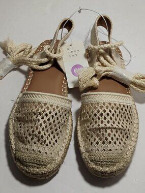 A New Day Womens Espadrilles Crochet Sandals Ivory Canvas Ankle Wrap 6.5 NWT